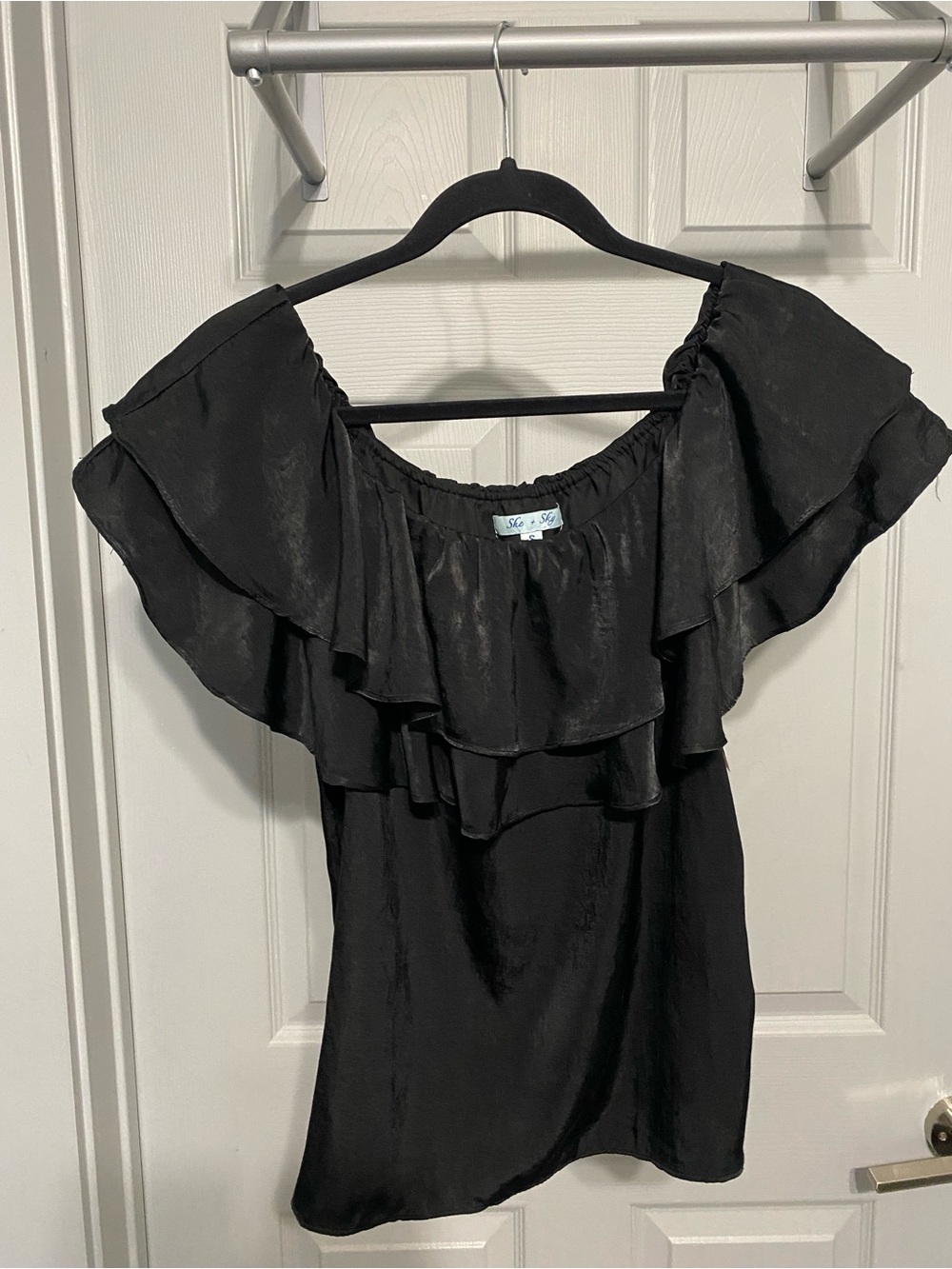 She + Sky Black Satin Ruffle Off-Shoulder Top